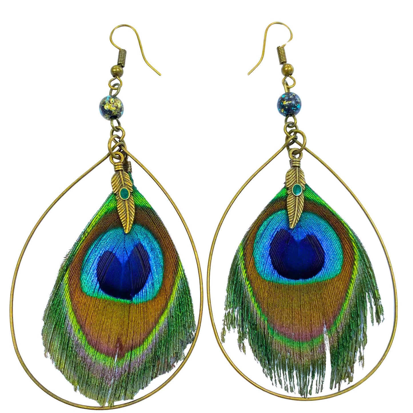 Peacock feather oval hoop earrings