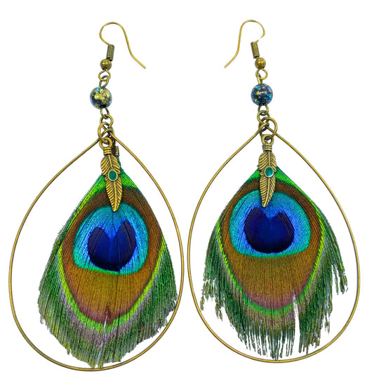 Peacock feather oval hoop earrings