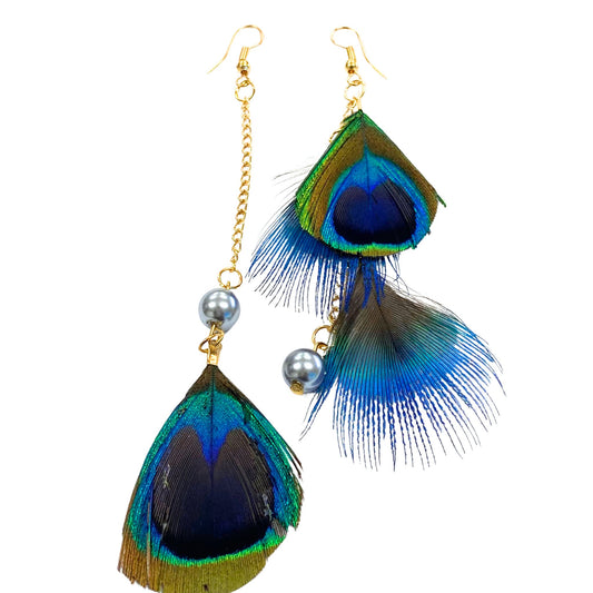 Asymmetrical Peacock Feather Drop Chain Earrings