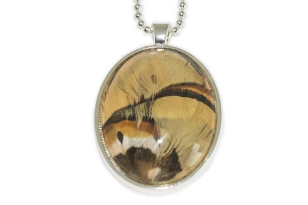 Tan Pheasant Feather Glass Pendant Necklace