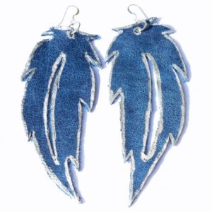 Blue Leather Feather Earrings